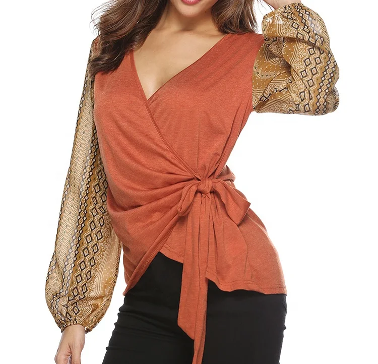 

Wholesale Women's Blouse & Tops Sexy V-Neck Lace-Up Boho Lantern Sleeve Blouses, Picture