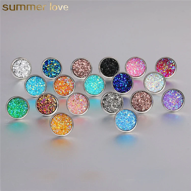 

New Arrival 2019 Round Gypsophila Crystal Druzy Hypoallergenic Engagement Stainless Steel Glitter Stud Earrings For Women, Many colors