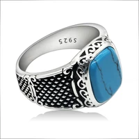 

Men Ring 925 Sterling Silver Sky Blue Stone Geometric Vintage Punk Style Finger Ring for Man Fashion Jewelry Accessory