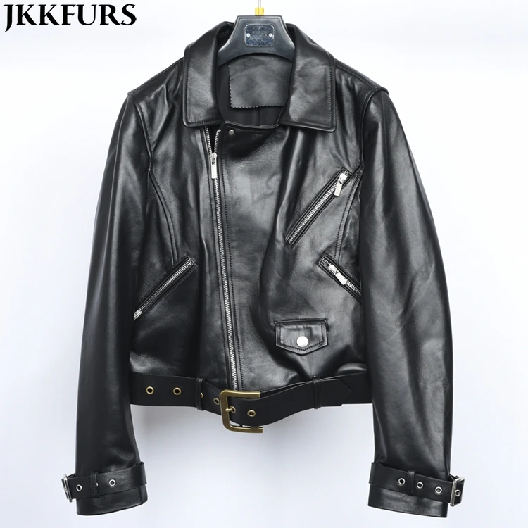 

Women's Cool Style Genuine Leather Coat Real Sheepskin Motorcycle Biker Jacket