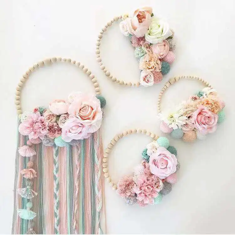 

2019 Hot sale wood beads wreath wall decor silk flower garland tassel decorative wall hanging