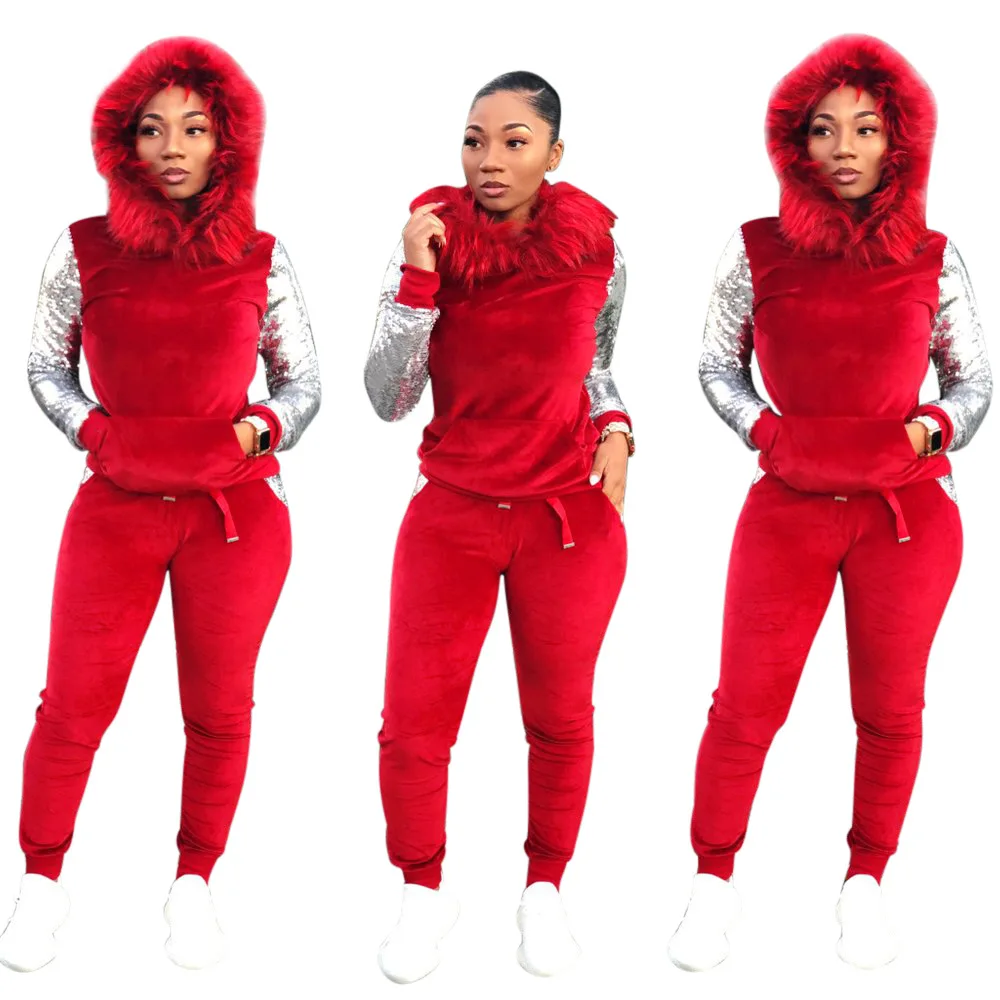 

Women's Tracksuit Long Sleeve Jumpsuit Sequined Velvet Hooded Top And Pants 2 Pieces Sport Sets Ladies Suits Y10334