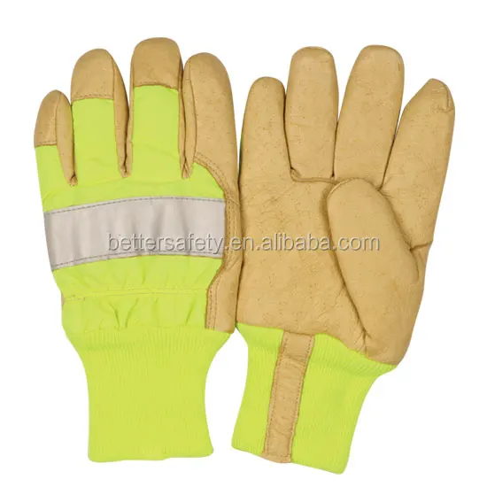 Reflective tape Yellow Cotton Back Grain Pigskin Leather welding Work Glove Made In China