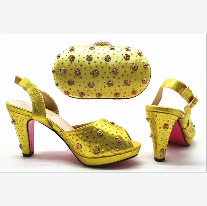 

African shoes and bag set block heel women rhinestones shoes and bags to match G51