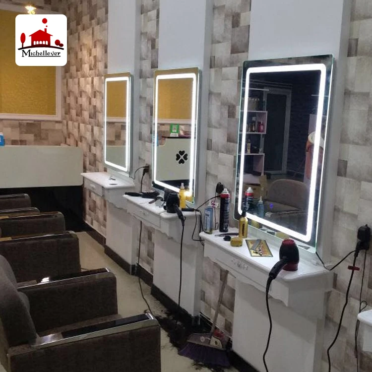 
rectangle 4 sided led salon mirror station led beauty hair salon wall mounted mirrors for sale 