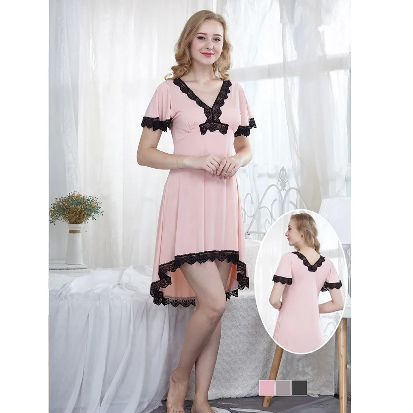 Turkey Luxury Design Pink Silk And Lace Lingerie Femme Women Night Dress Sleeping Nighties For