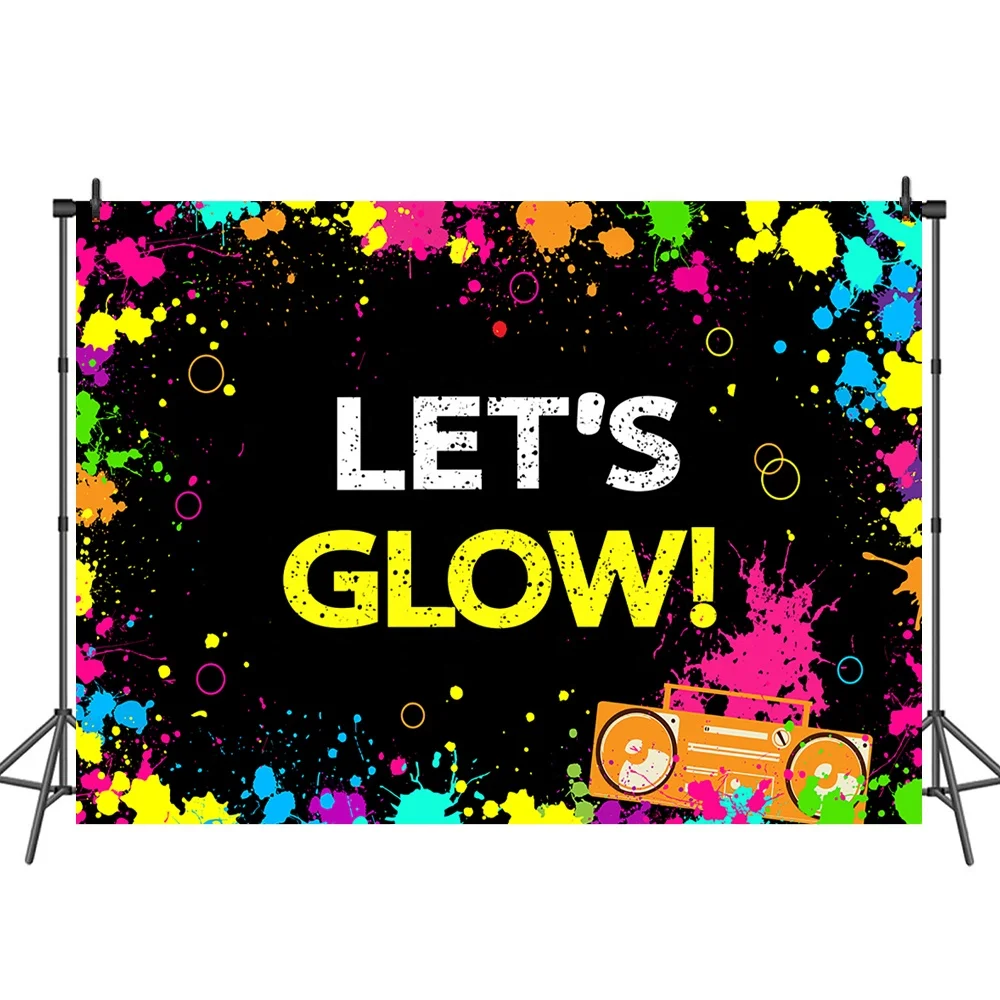

Let's Glow Theme Birthday Party Decoration Banner Background Glow Neon Party Photography Backdrop, Customized