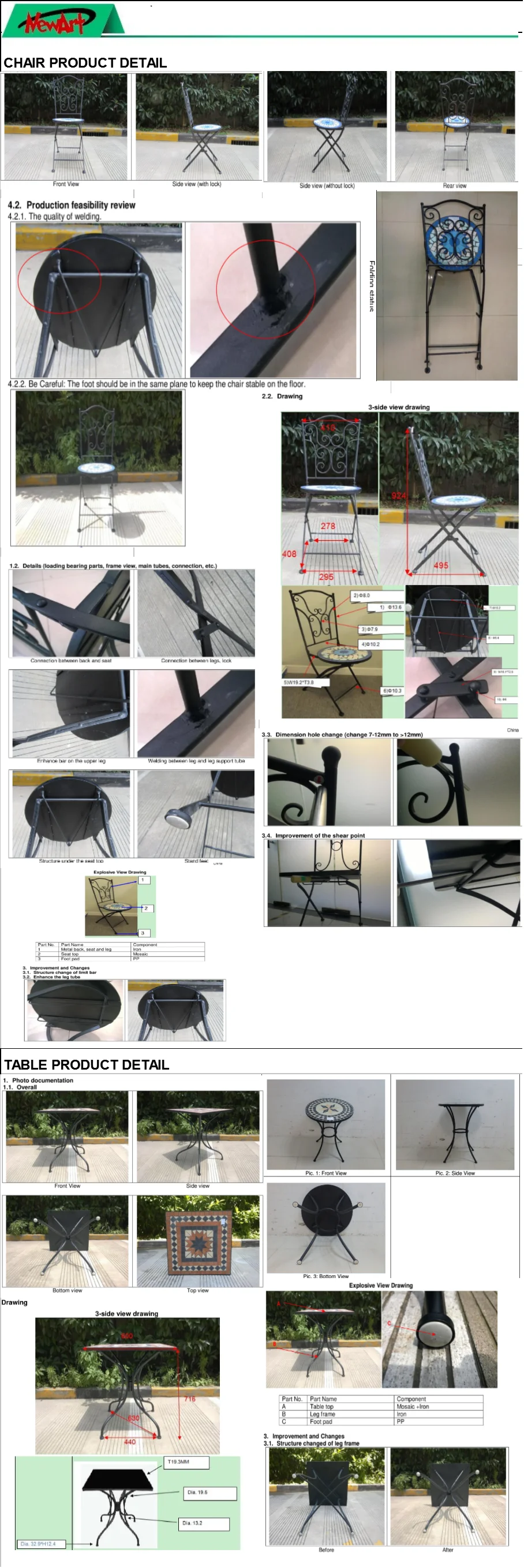 Outdoor Garden Round 60cm Metal Mosaic Table And Foldable Mosaic Chair