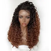 

long Afro Kinky Curly Lace Front Wigs Ombre Black to Brown Color Synthetic Lace Frontal Wig For Black Women