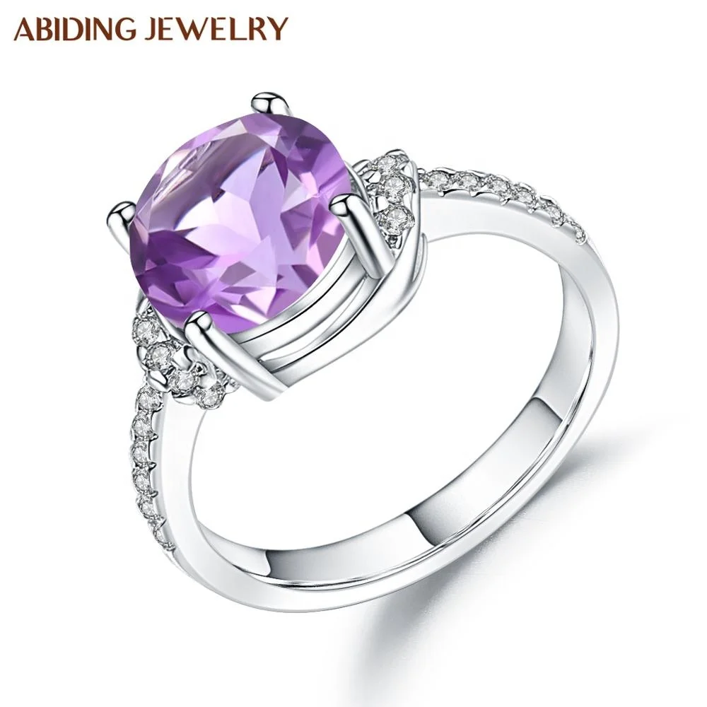 

Abiding Simple Natural Amethyst Real 925 Sterling Silver Classic Round Engagement Rings Women Anniversary jewelry Rings