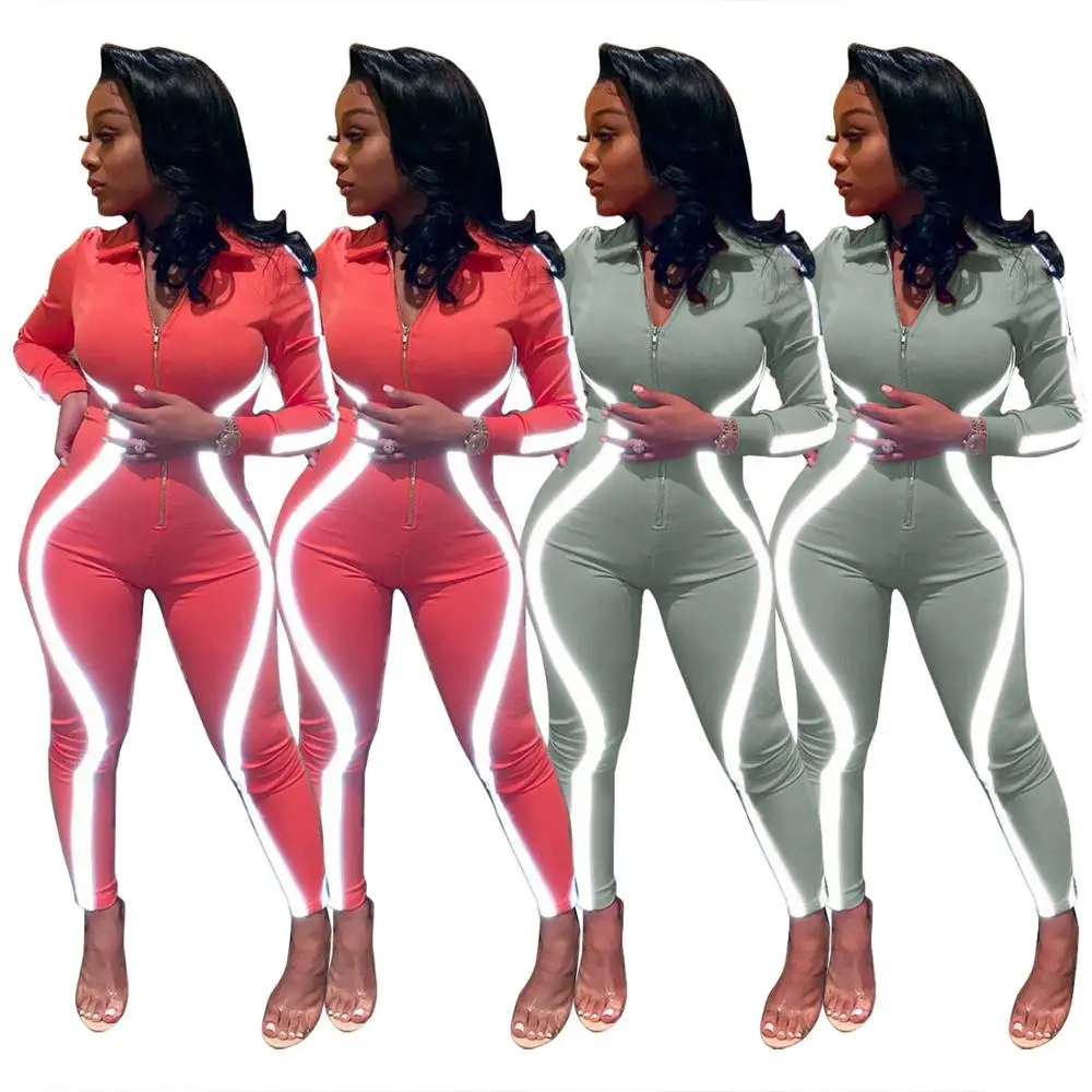 

European fashion Stripe reflection long sleeve sexy women long pants jumpsuit