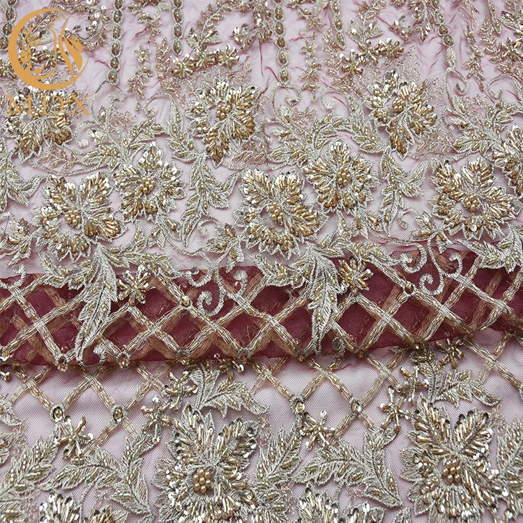 embroidered beaded lace fabric