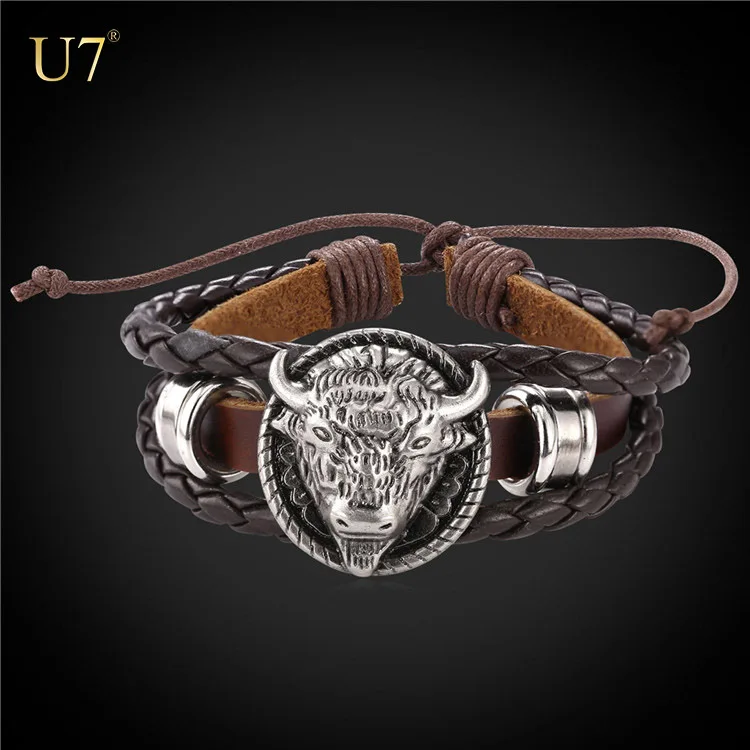 

U7 New Charm Cattle Mens Leather Bracelets Trendy Silver Plated Adjustable Men Cuff Bracelet Antique Bull Jewelry, Black/ brown