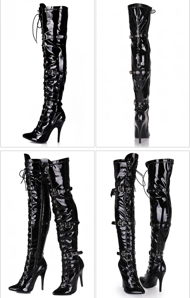 Custom PU 12cm high heel sexy boots lady overknee lace up boot with larger sizes
