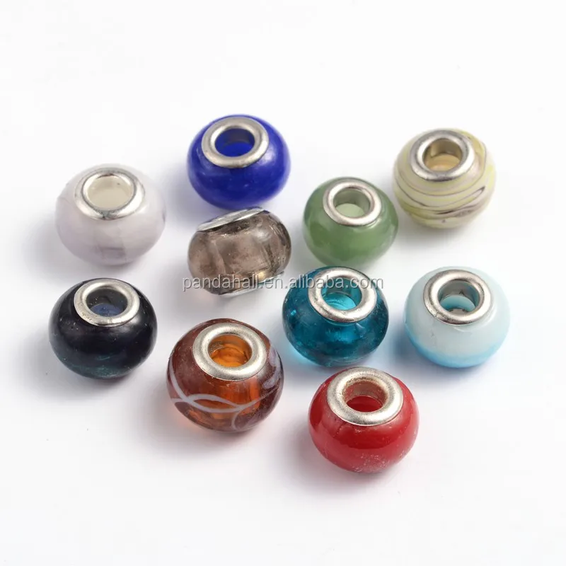 

Mixed Color Rondelle Handmade Lampwork European Large Hole Beads, with Double Silver Color Brass Cores
