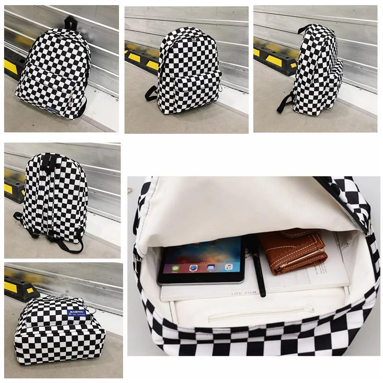 China wholesale preppy style black and white checkered women canvas travel teenager girl school backpack