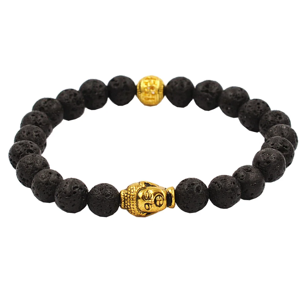 

Natural Stones Buddha Head Bracelet with Silver&Gold Lava Stone Beads Couple Bracelets For Men