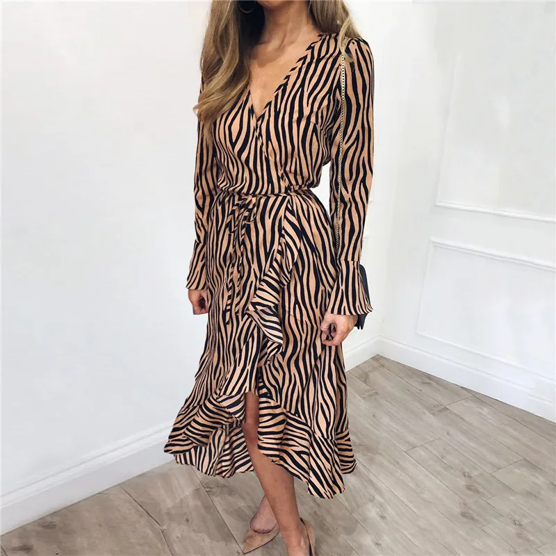 

Europe and the United States Spring and Autumn Sexy V-neck Printing Irregular Long Sleeve Ladies' Chiffon Dress, Picture color
