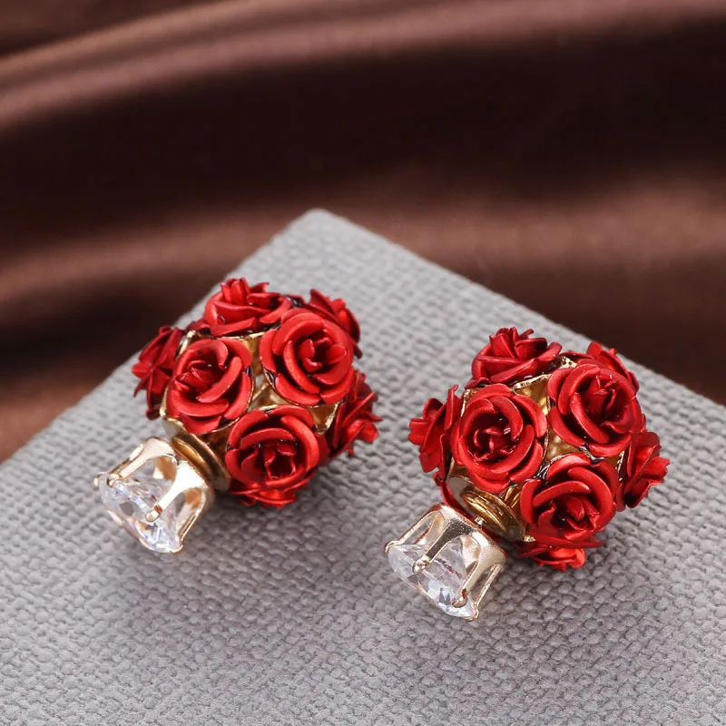 

Star with the same fashion earrings Korean version of the popular three-dimensional rose zircon double-sided ball stud earrings