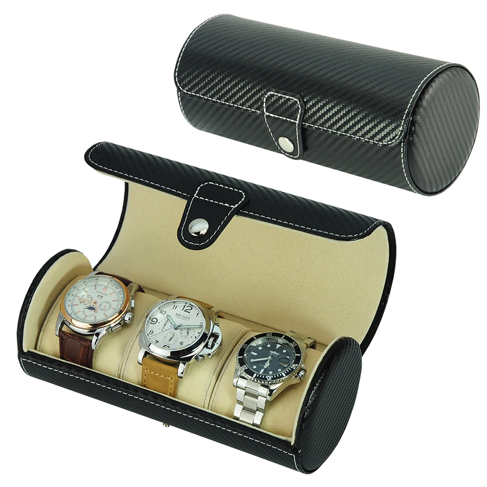 

3 Slots Black Carbon Fiber Travel Leather Watch Roll Case, Black. dark brown;carbon fiber