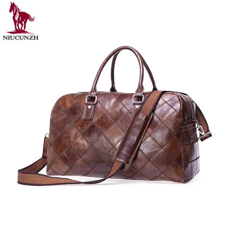 

Factory Wholesale Customized Durable Stylish Plaid Large Overnight Weekender Travel Mens Leather Duffle Bag 8885, As shown or can be customized