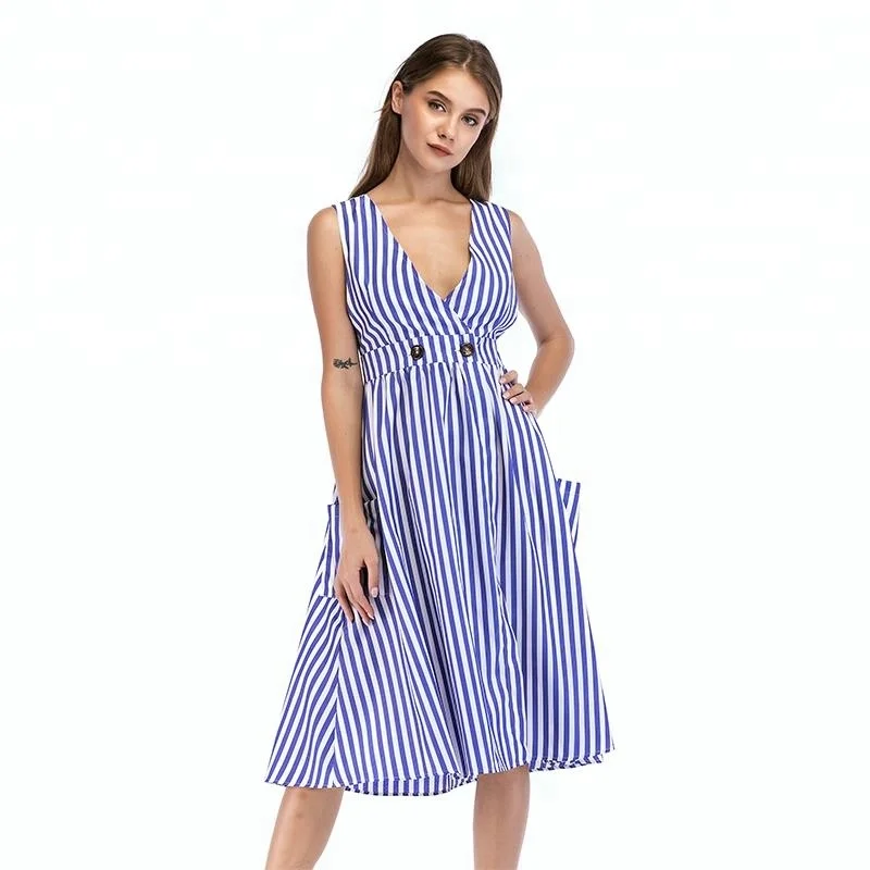 
Deep V-neck Sleeveless Cardigan Striped Dress 