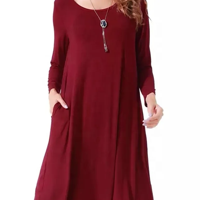 

E23 modern women casual loose soft crew neck pockets stretchy swing O neck dress tw summer beach girl dress, N/a