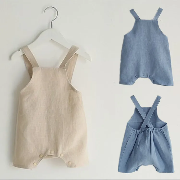 

New summer children's clothing, boys and girls, cotton and linen strap shorts baby rompers