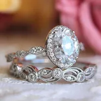 

Vintage Promise Ring Set Zircon CZ Engagement Wedding Band Rings for Women Flower Jewelry