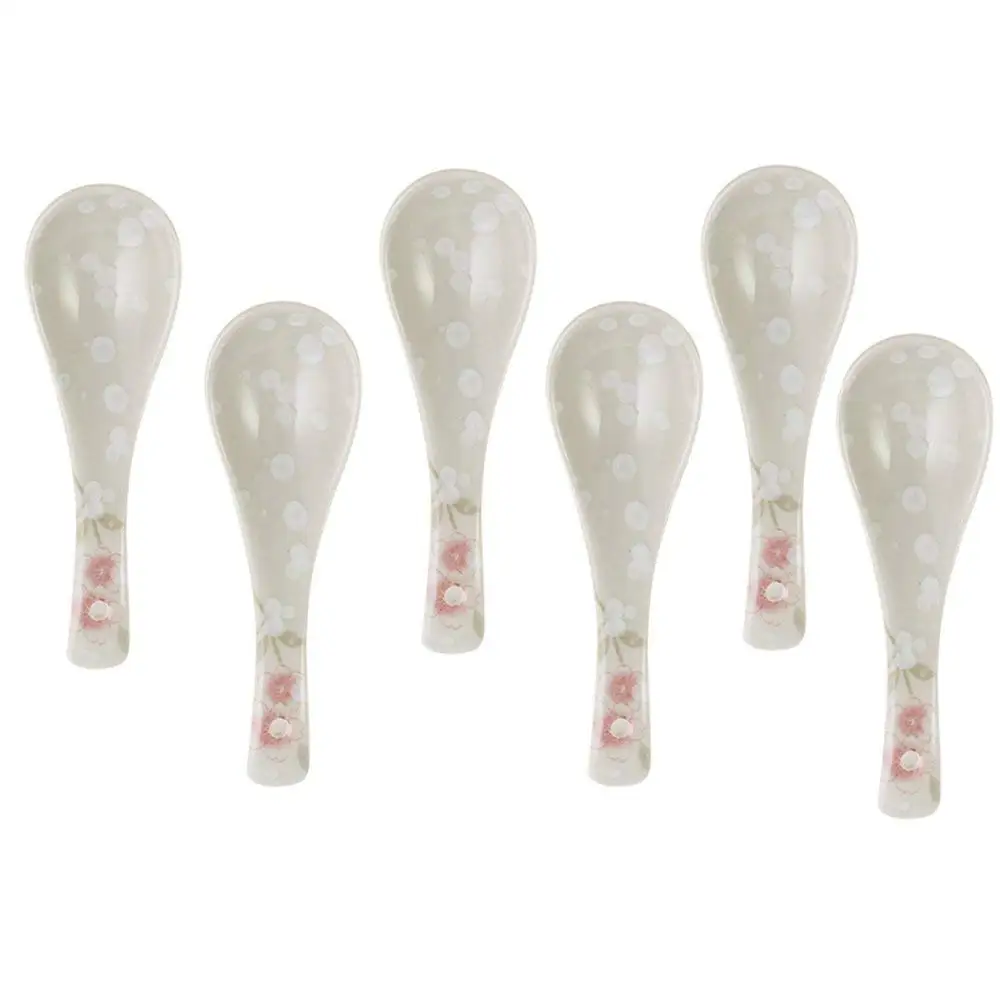 SOCOSY Sakura Ceramic Spoon, Cherry Blossom Rice Spoon Soup Spoon Coffee Spoon Dessert Spoon Dinner Spoon Ice Cream Spoon for Kitchen(Set of 6)