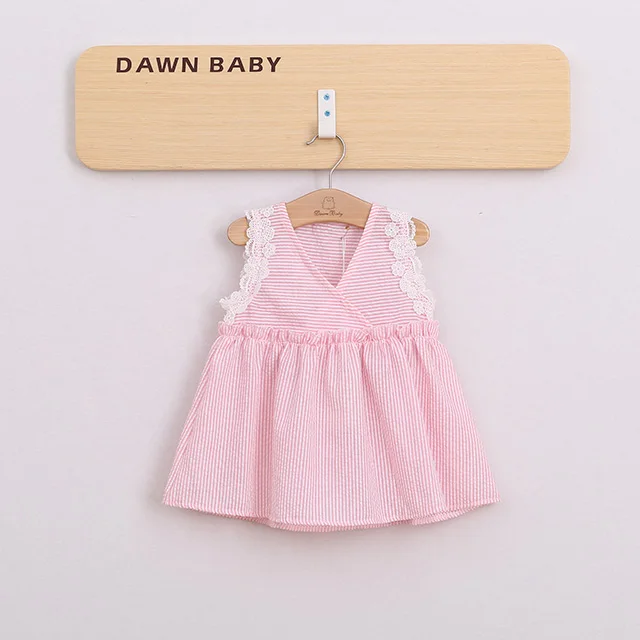 
little girl summer simple style pretty cotton princess lace pinstriped dresses 