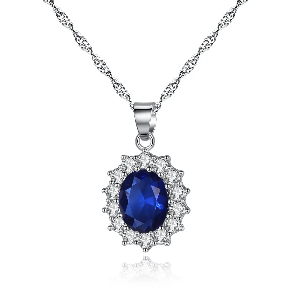 

Oval diamond necklace British Kate Princess Diana William Engagement Wedding Blue Sapphire Pendant Necklace