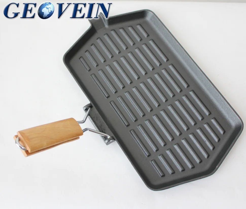 Japanese Korean Home 13.6 Inch Cast Iron Griddle Pan With Wooden Handle