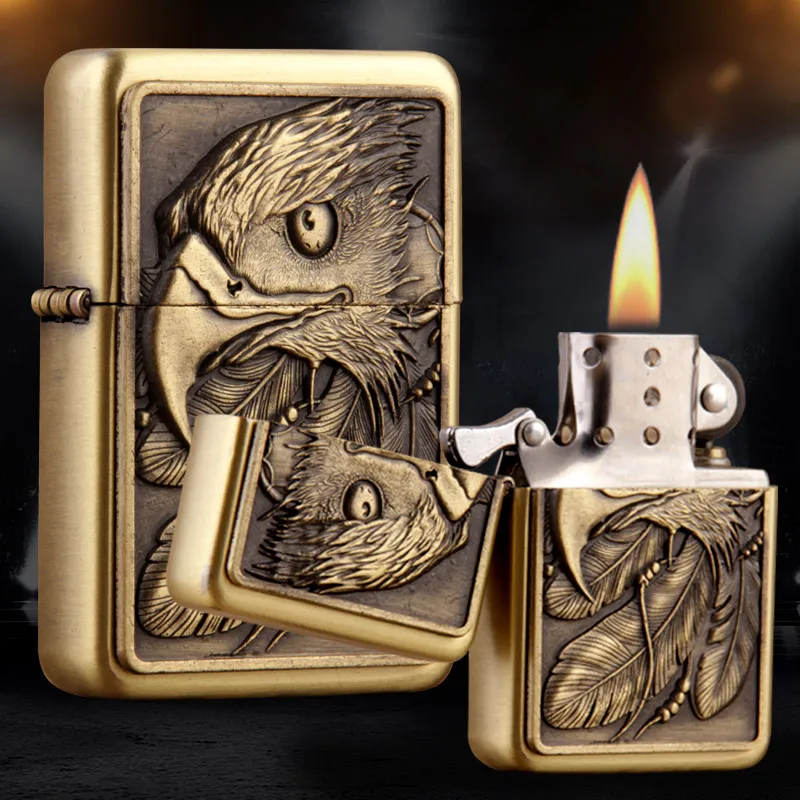 

401D yanzhen Earth Bronze Relief Eagle Relief Creative Metal Windproof Oil Lighters wholesale, One color