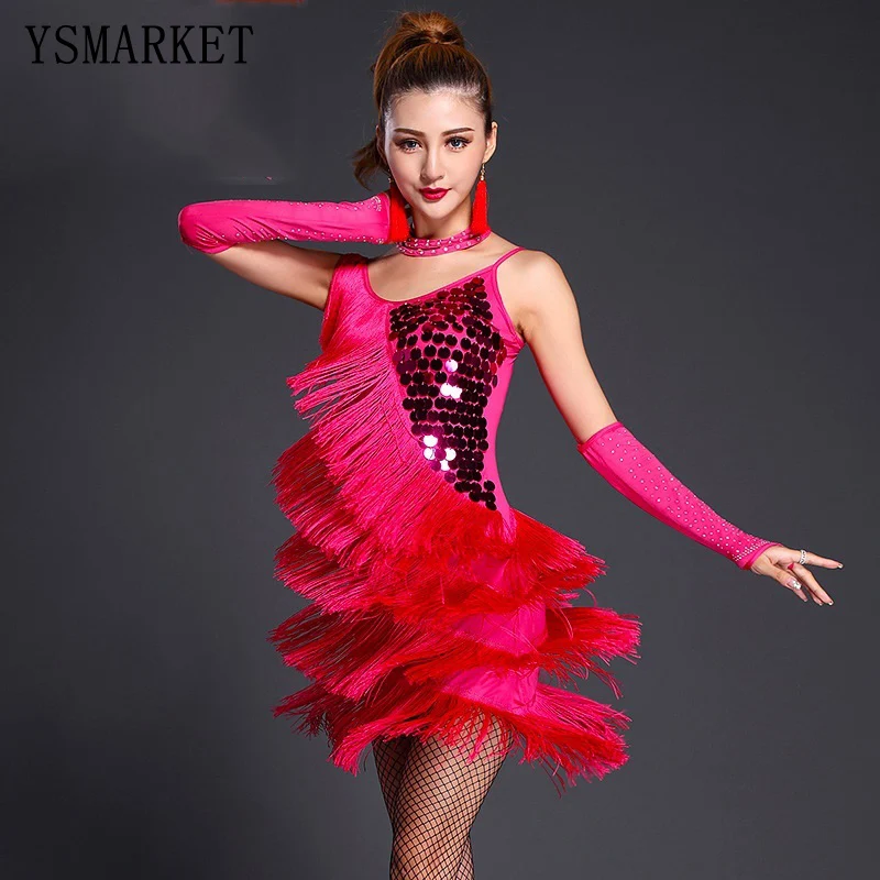 

YSMARKET latin dance costumes women salsa dancewear dance costume tango adult fringe gold sequin dresses E005