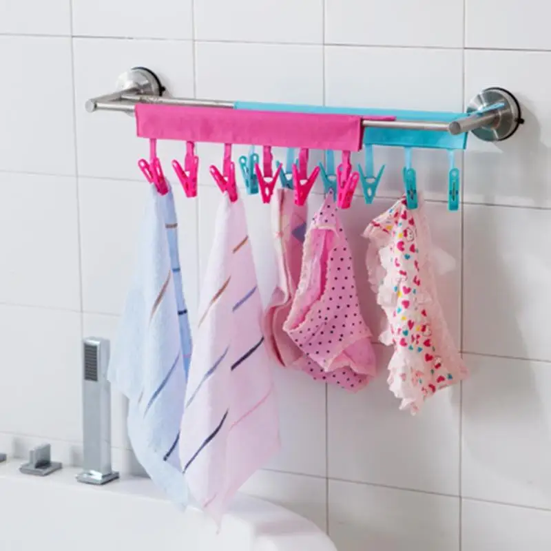 

6 Clips Portable Bathroom Towel Holder Travel Clothes Hanger Hooks Anti-wind Plastic Clothes-Rack Closet Organizer