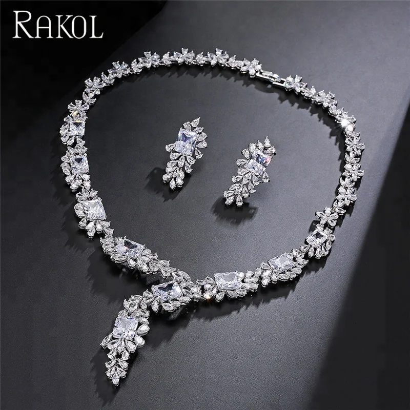 

RAKOL Top Quality Square Zircon CZ Jewelry Set Dazzling Silver Color Necklace wedding bridal set S299, As picture