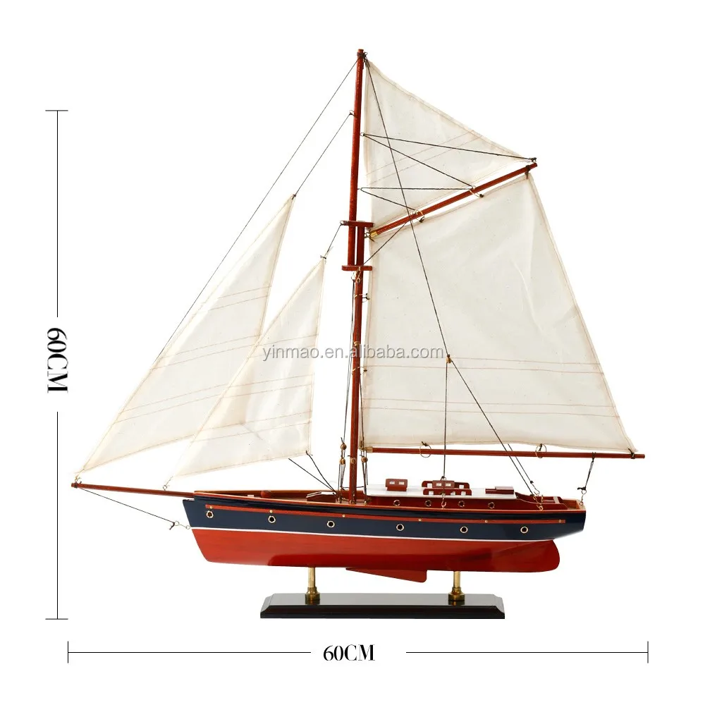 60厘米长度,木制单桅帆船模型,现代红色游艇模型,海洋装饰