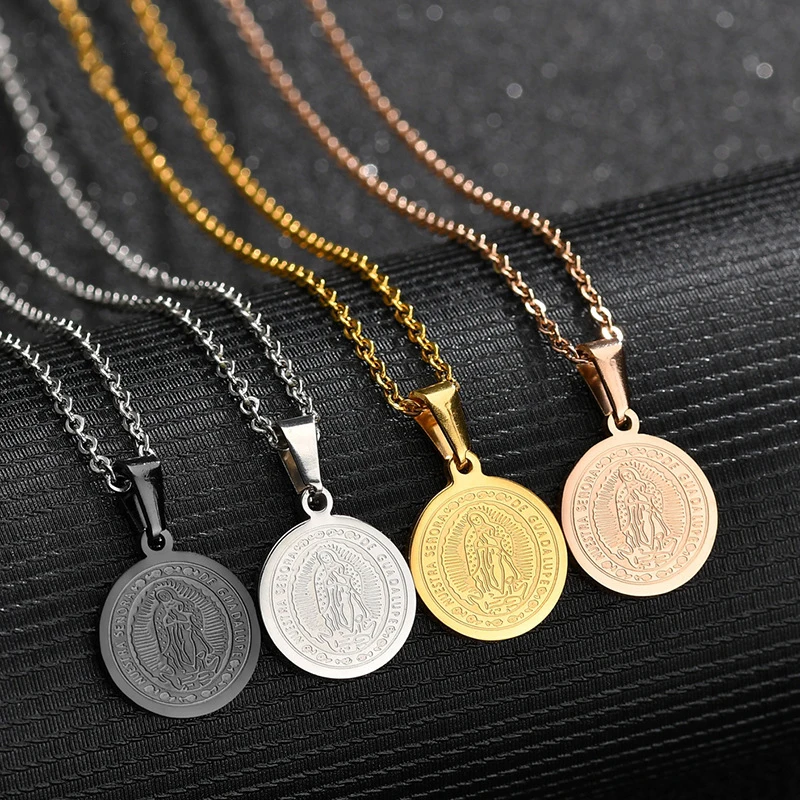

Religion Stainless Steel Round Embossed Coin Necklace Gold Virgin Mary Necklace for Christian Gift