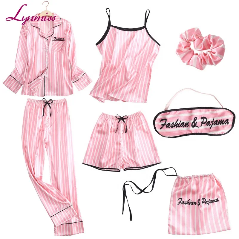 

2019 Lynmiss 7 Pcs Girls Pajama Shorts Set Robe set Eye Masks women's Sleepwear stripe pink Pajamas