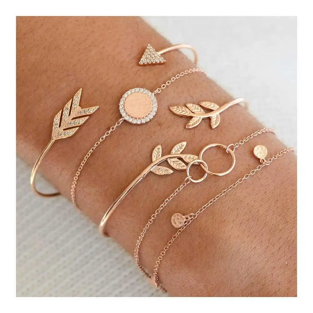 

SinDlan 5Pcs/set Crystal Bracelet Women Leaf Circle Charm Party Bangle Wedding Jewelry Accessories