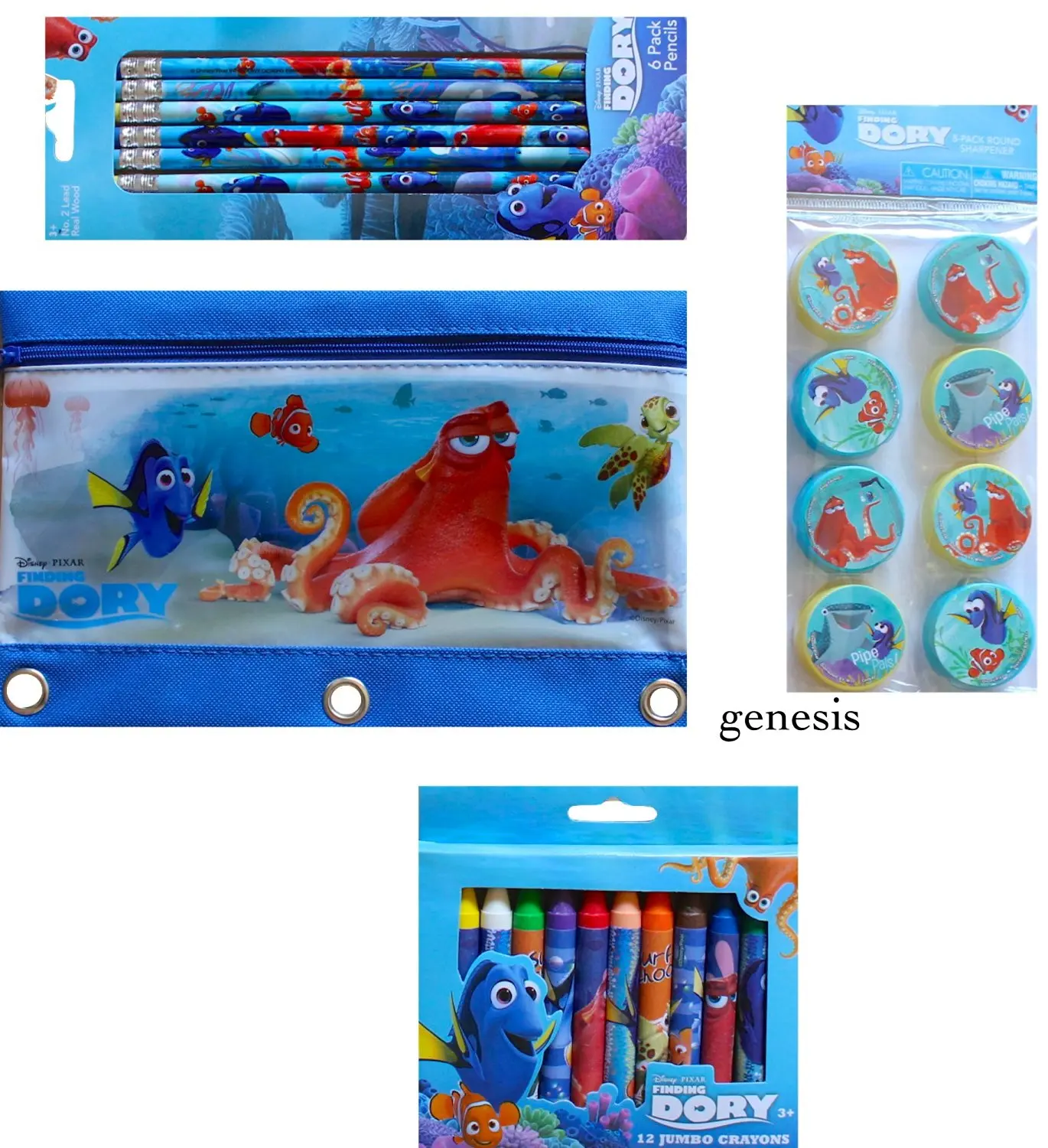 Disney Finding Dory 4 Pc Children’s Creative School Supplies Value Pack Dory Pencils, Sharpeners, Pencil Bag & Dory Jumbo Crayons