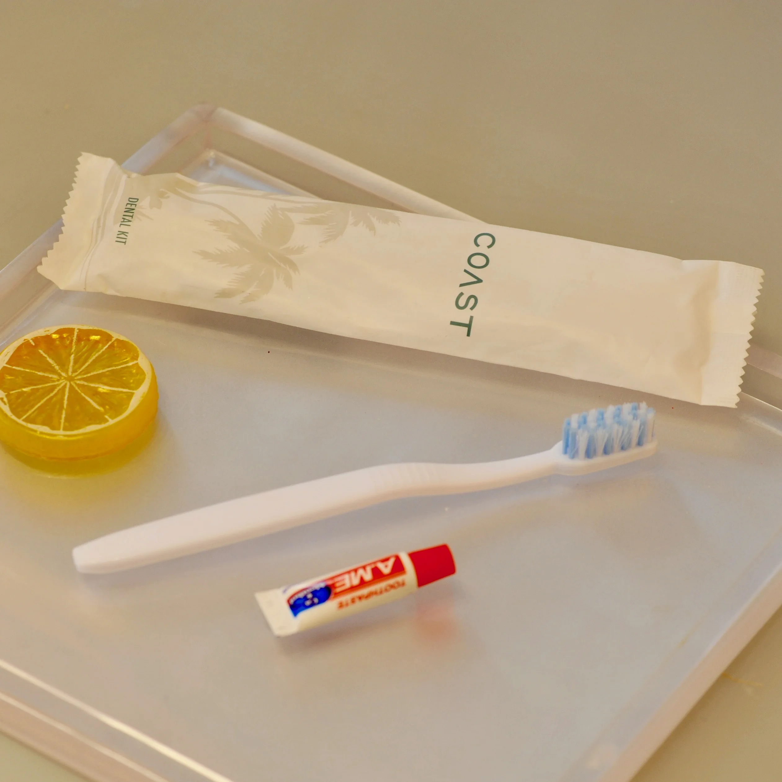 
GMPC standard toothbrush kit packed in flow pack for hotel and travel 