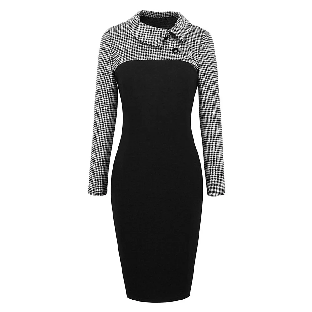 

YQ288 Women' Retro Chic Color block Lapel Career Tunic Dress, As shown