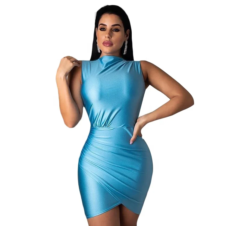 

Women Casual Sleeveless Satin Silk Bandage Tight Mini Dress