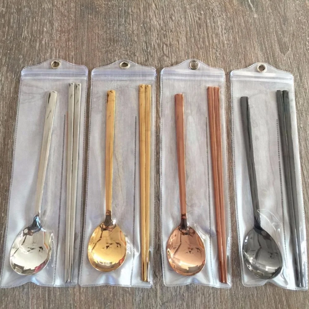 

Low MOQ Flat Gold/Rose Gold/Black Gold Korean Chopsticks and Spoon wedding favor set, Silver or gold