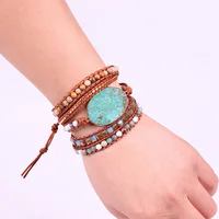 

Women Leather Bracelet Unique Mixed Natural Stones bead Gilded Stone Charm 5 Strands Wrap Bracelets Handmade Boho Bracelet