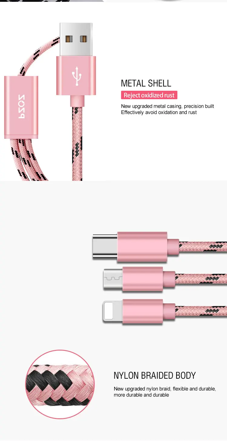 Nylon Braided Type c Micro Lighting 3 in 1 2.4A Fast Charging USB Charging Cable USB Cables for Phones 3 in 1 - ANKUX.COM