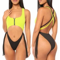 

Hollow Out Matching Monokini Swimwear Women Tassels Thong Bikini With Zipper