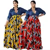 2019 hot sell fashion geometric denim patchwork African print women clothes ladies plus size maxi dress